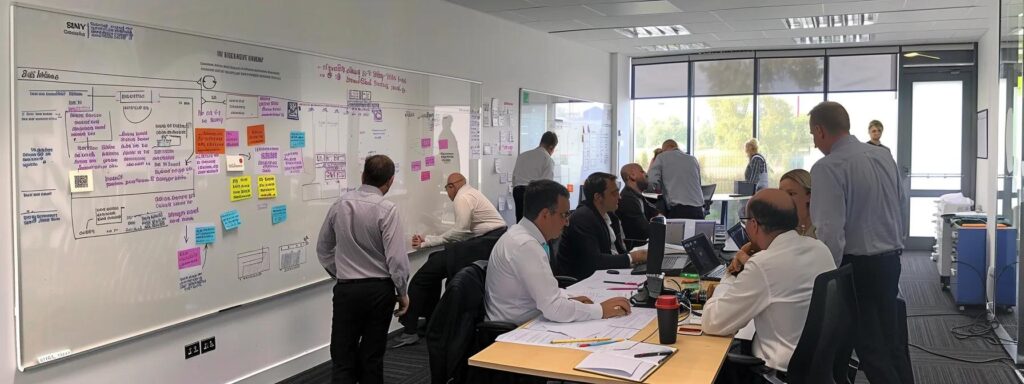ein prägnantes büroszenario zeigt ein team von fachleuten inmitten einer strategischen besprechung, während sie konzentriert an einem großen whiteboard arbeiten, auf dem die schritte zur sorgfältigen implementierung der iso 42001 skizziert sind.