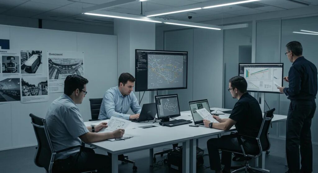 ein modernes, gut organisiertes büro mit einem klar strukturierten dokumentenmanagement-system, wo ein team von fachleuten um einen tisch versammelt ist, um digitalisierte qualitätsdokumente zu überprüfen und zu diskutieren, während auf einem bildschirm wichtige prozessanweisungen und -ziele angezeigt werden.