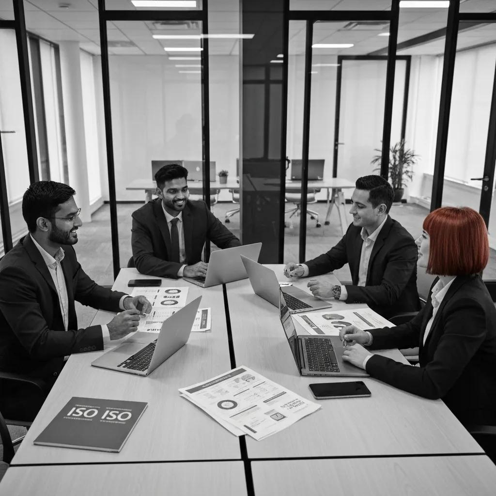 Business professionals discussing ISO compliance in a modern conference room