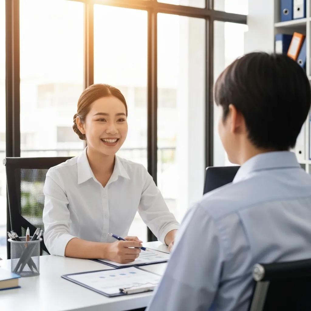 Customer service representative assisting a client, showcasing trust and satisfaction