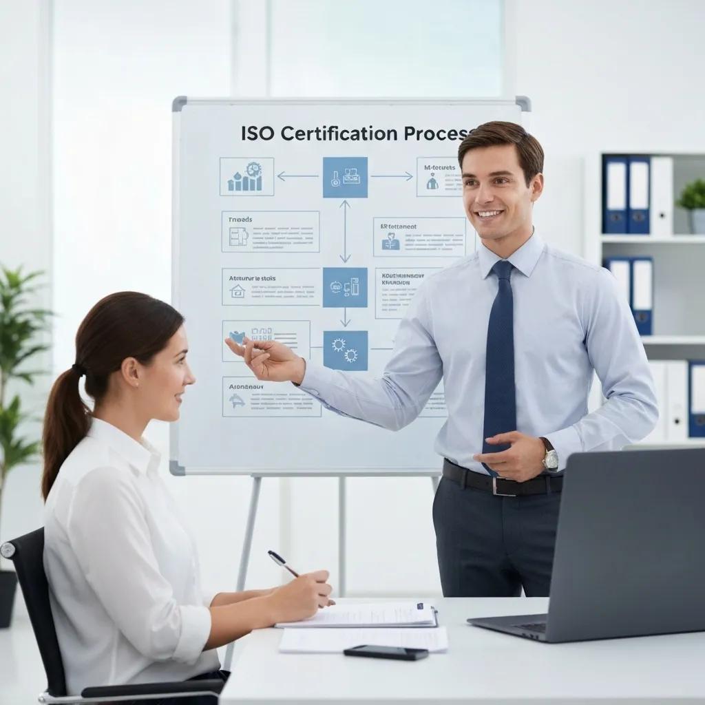 Consultant guiding a client through the ISO certification process in an office