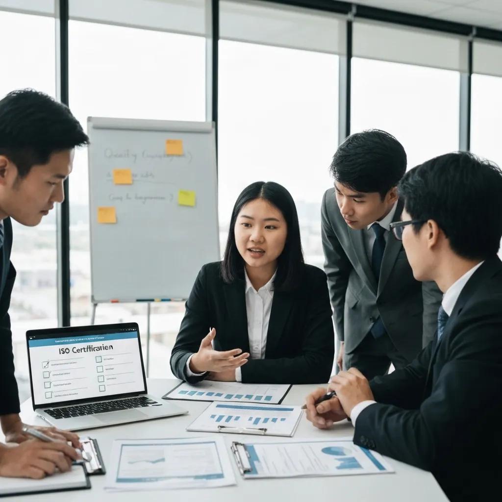 Business professionals collaborating on ISO 9001 certification documents in an office setting
