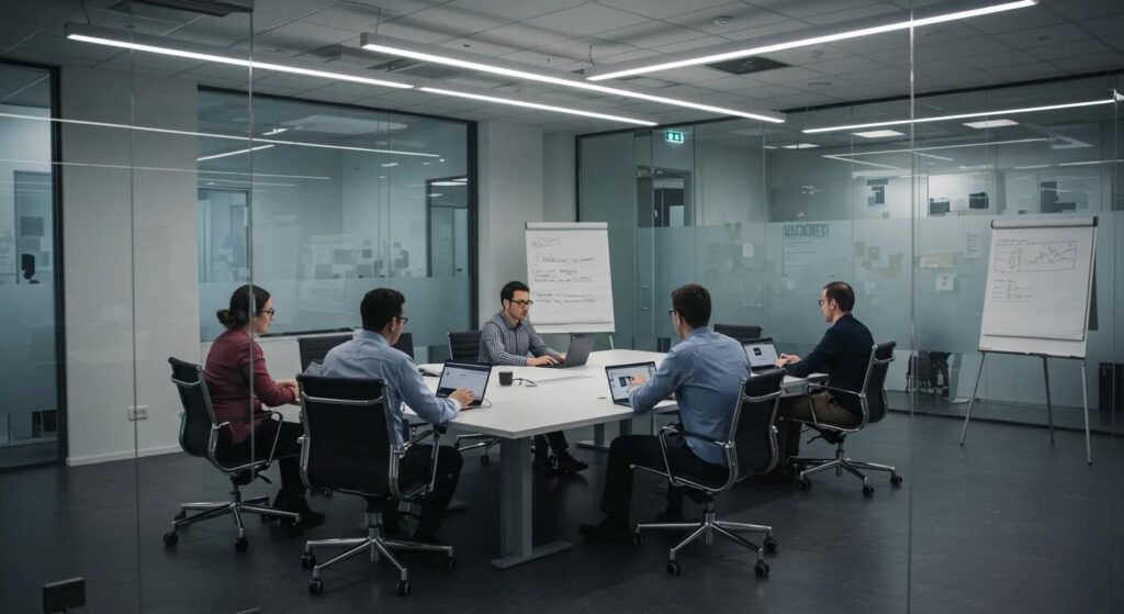 ein modernes büro mit einem großen konferenztisch, umgeben von verschiedenen auditsunterlagen und technischen geräten, während ein team engagiert und fokussiert an der strukturierten analyse von iso 9001 auditberichten arbeitet.