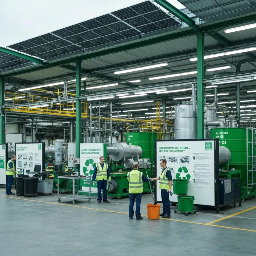 Mitarbeiter in Sicherheitswesten in einer Produktionsanlage für Recycling und Umweltmanagement, mit Maschinen zur Verarbeitung von Abfall und Informationen zu ISO 14001 und TISAX im Hintergrund.