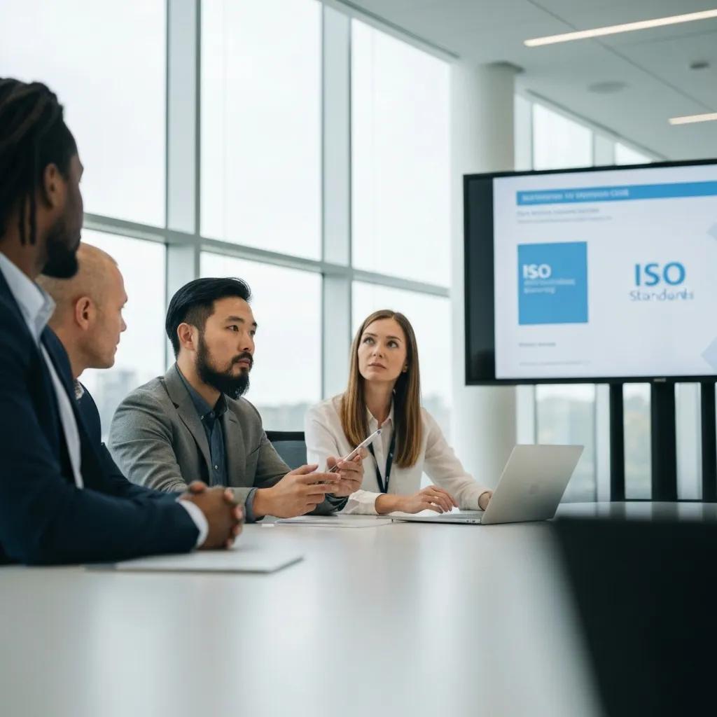 Business professionals collaborating on ISO standards in a modern office
