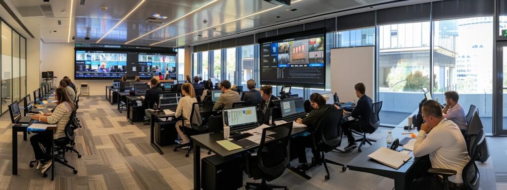Dynamische Büroszene mit Teilnehmern an Computern während einer ISO 42001 Schulung, Bildschirmpräsentationen zu KI-Managementsystemen im Hintergrund.
