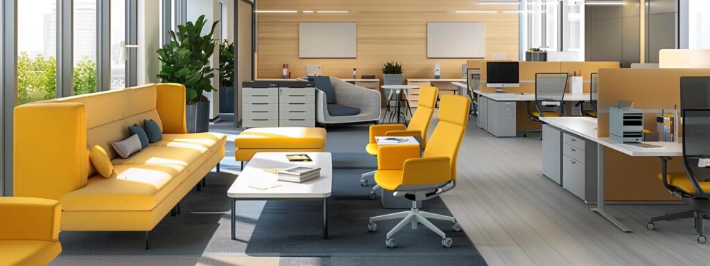 Modernes Büro mit gelben Sitzmöbeln, offenen Arbeitsbereichen, Pflanzen und großen Fenstern, die natürliches Licht hereinlassen, ideal für ISO 42001 Schulungen und Workshops.