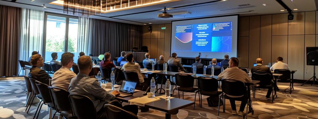 Moderne Konferenzraum mit Teilnehmern bei einer ISO 42001 Schulung, Präsentation zu KI-Managementsystemen im Vordergrund.