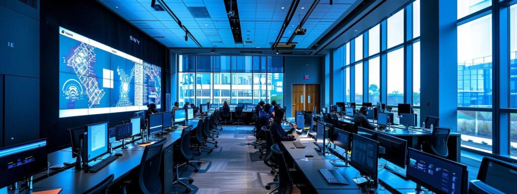 Moderne Schulungsumgebung mit mehreren Computern, großen Bildschirmen und Teilnehmern, die an ISO 42001 Trainings zu KI-Managementsystemen teilnehmen.