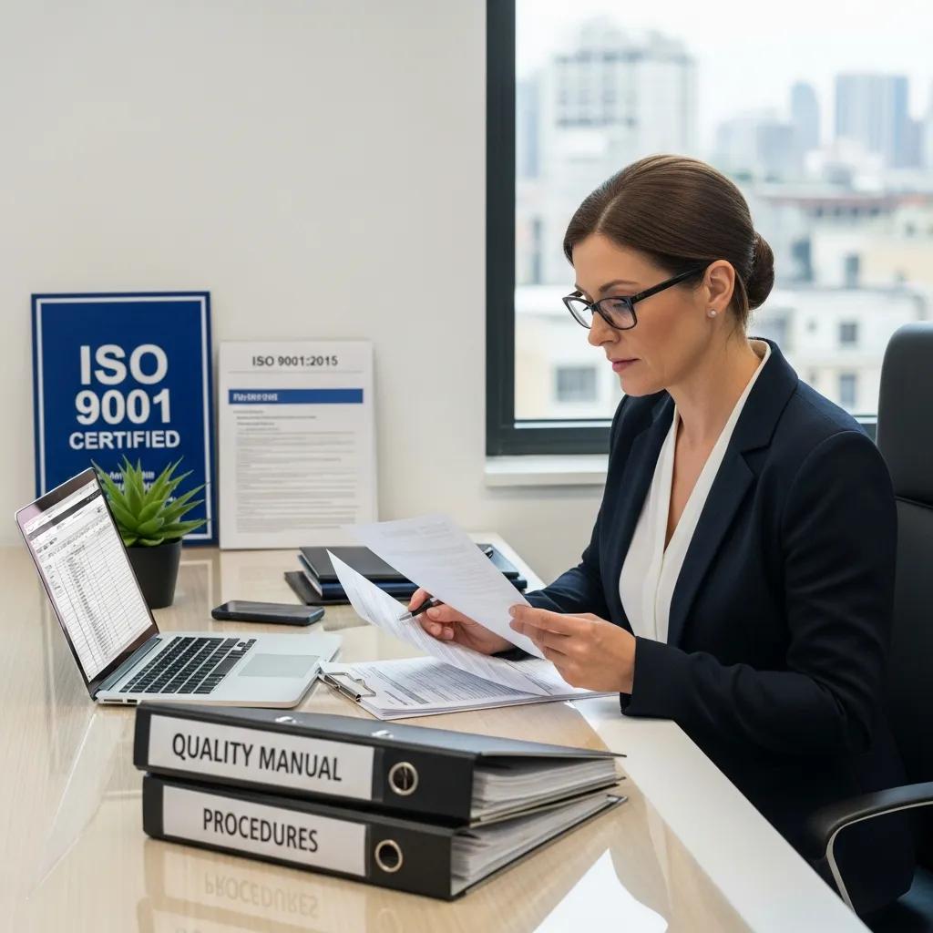 Auditorin prüft ISO 9001-Qualitätsmanagementdokumente im modernen Büro.