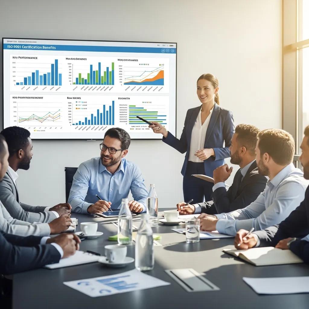 Geschäftstreffen diskutiert die Vorteile der ISO 9001-Zertifizierung mit visuellen Hilfsmitteln und Diagrammen zur Leistungsüberwachung.