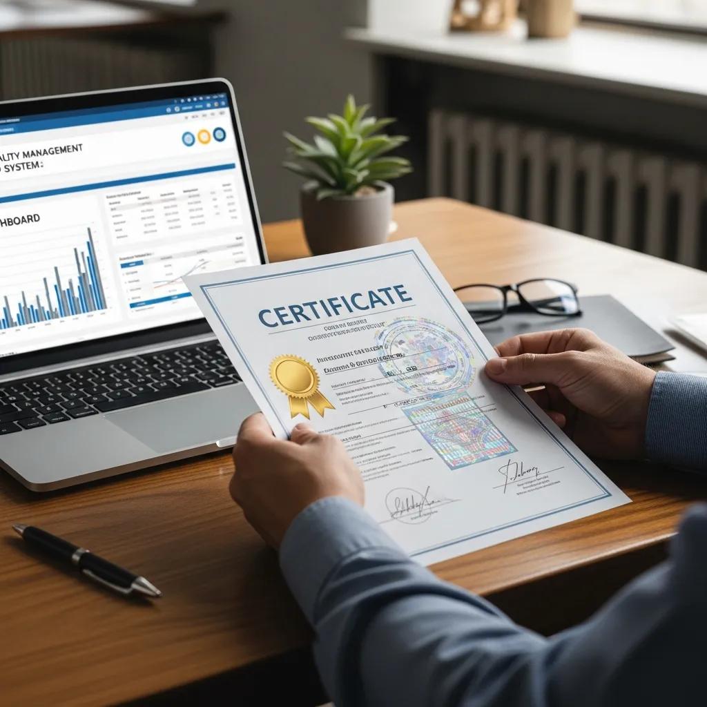 Mitarbeiter prüft ISO 9001 Zertifikat auf Echtheit im Qualitätsmanagement-Kontext.