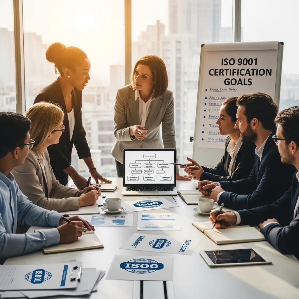 Business team collaborating on ISO 9001 certification in a modern office
