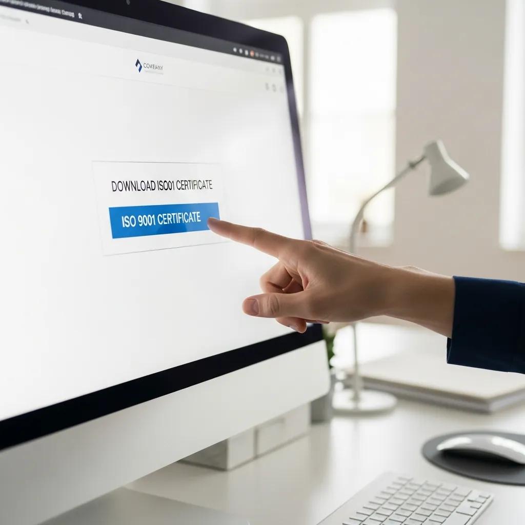 Nahaufnahme eines Bildschirms mit Download‑Button für ein ISO 9001‑Zertifikat