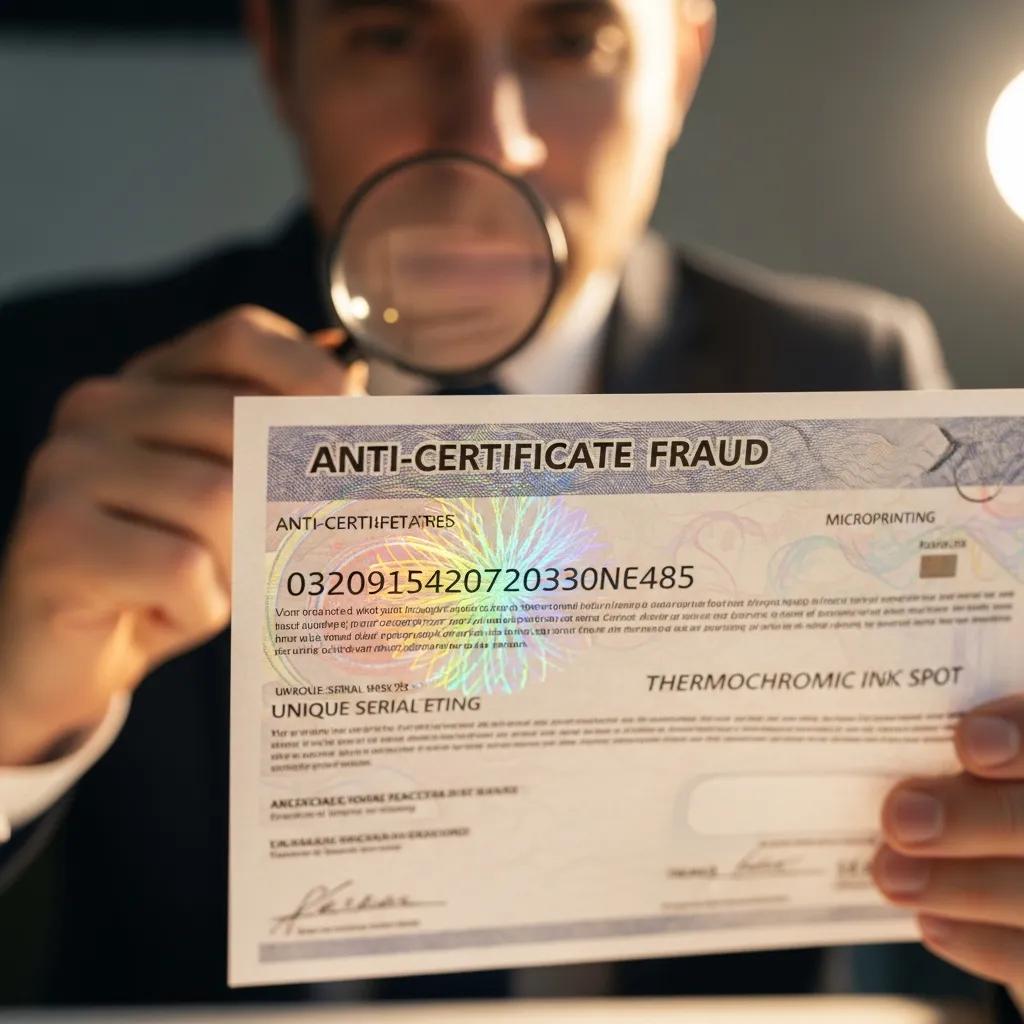 Untersuchung von Sicherheitsmerkmalen auf einem Zertifikat zur Verhinderung von Zertifikatsfälschung und Betrug.