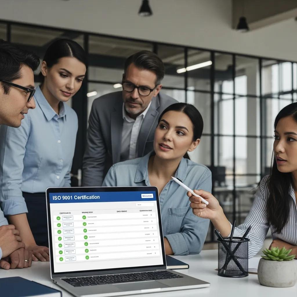 ISO 9001 Zertifikatsdatenbank-Schnittstelle im modernen Büro, die ISO 9001-Zertifizierung hervorhebt.