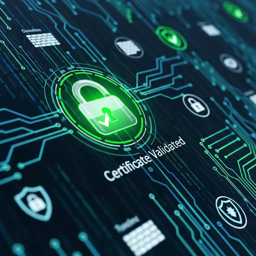 Zertifikatsprüfung: Digitales Sicherheitselement mit validiertem Zertifikat und Verschlüsselung für Datenintegrität.