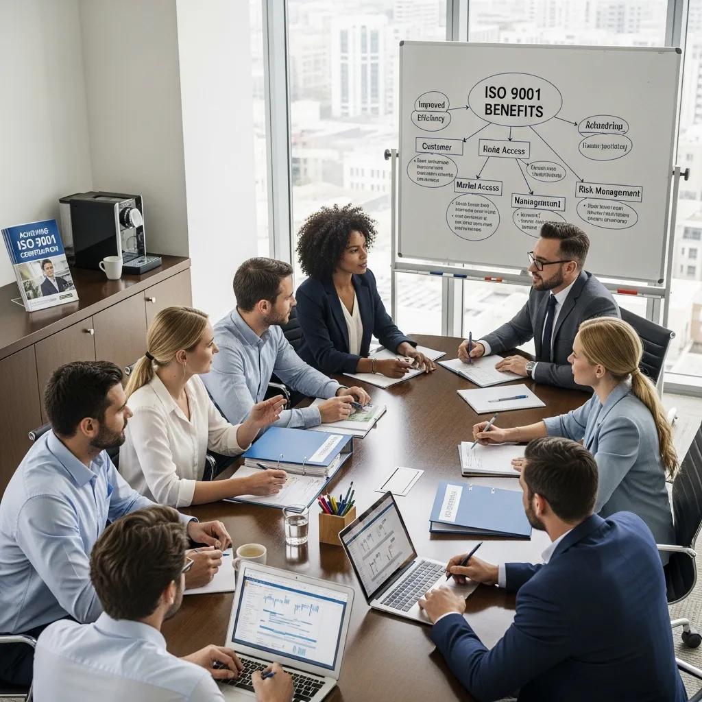 Diverse Fachleute diskutieren die Vorteile der ISO 9001 Zertifizierung in einem kollaborativen Meeting.