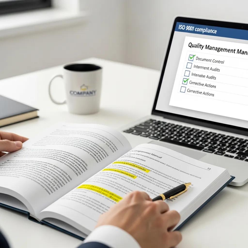Hände prüfen ein Qualitätsmanagement-Handbuch mit ISO 9001-Anforderungen und dokumentiertem Informationsmanagement.