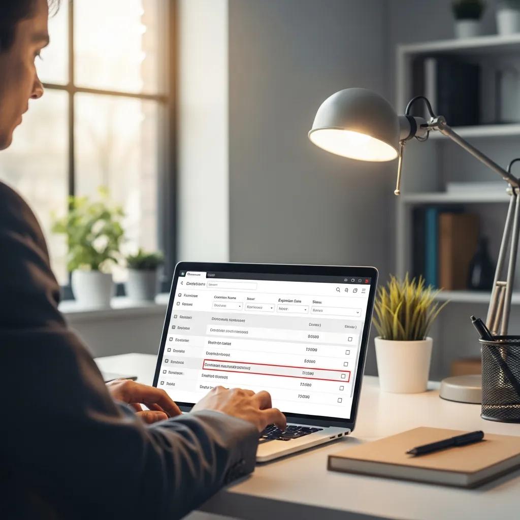 Person accessing a digital certificate database on a laptop in a modern office