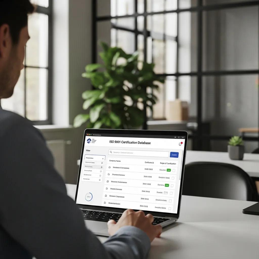 Person accessing ISO 9001 certification database on a laptop in a modern office