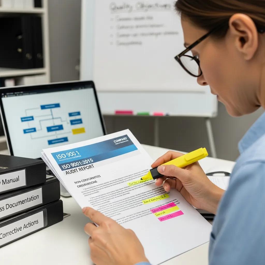 Person analysiert ISO 9001‑Auditbericht mit markierten Abschnitten