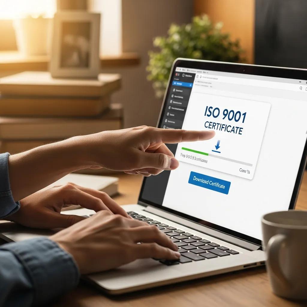 Person lädt ISO‑9001‑Zertifikat aus der digitalen Datenbank herunter