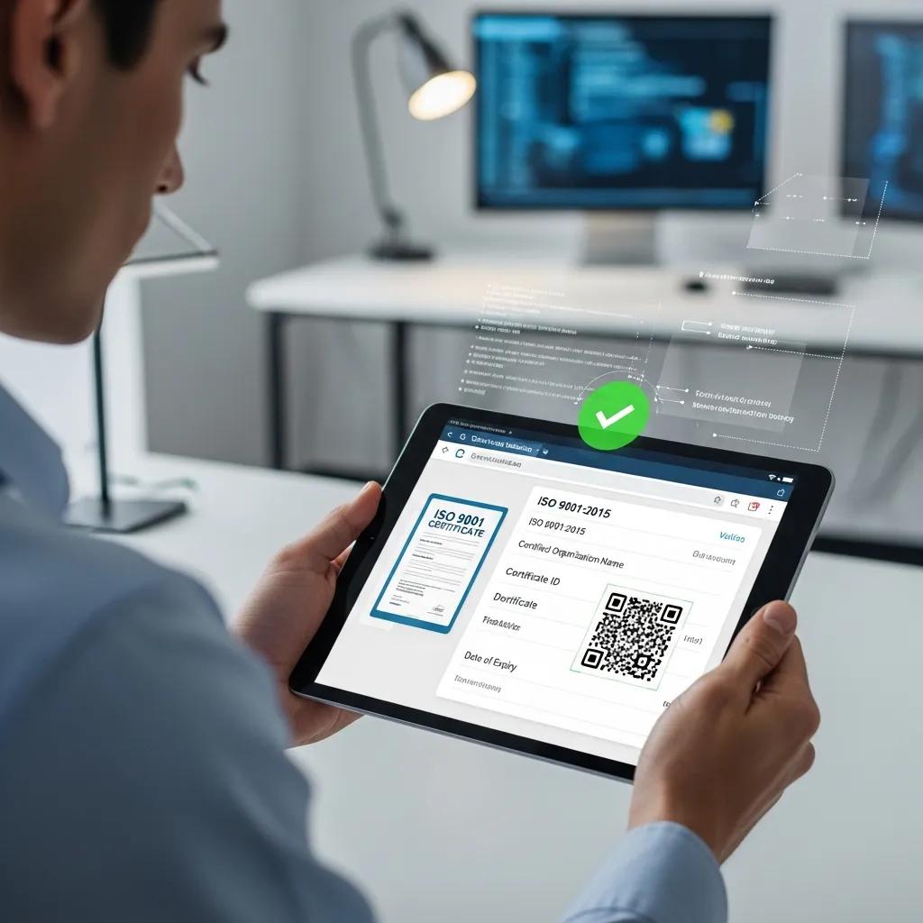 Person prüft mit Tablet online ein ISO 9001‑Zertifikat