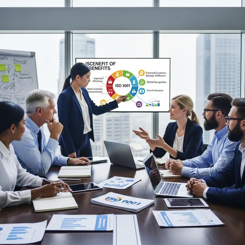 Professionals diskutieren die Vorteile der ISO 9001 Zertifizierung in einem kollaborativen Meeting, Auditprogramm und Risikominimierung.