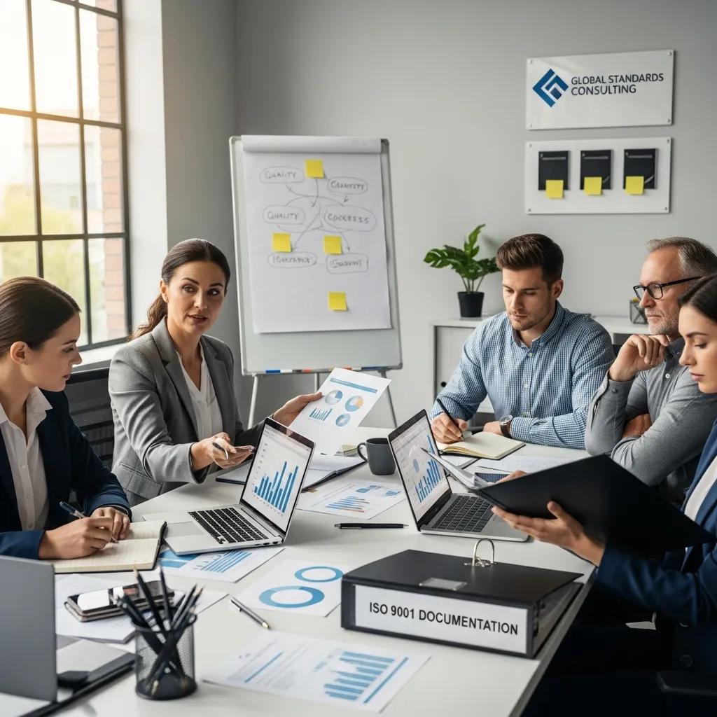 Quality management audit scene with professionals discussing ISO 9001 certification strategies