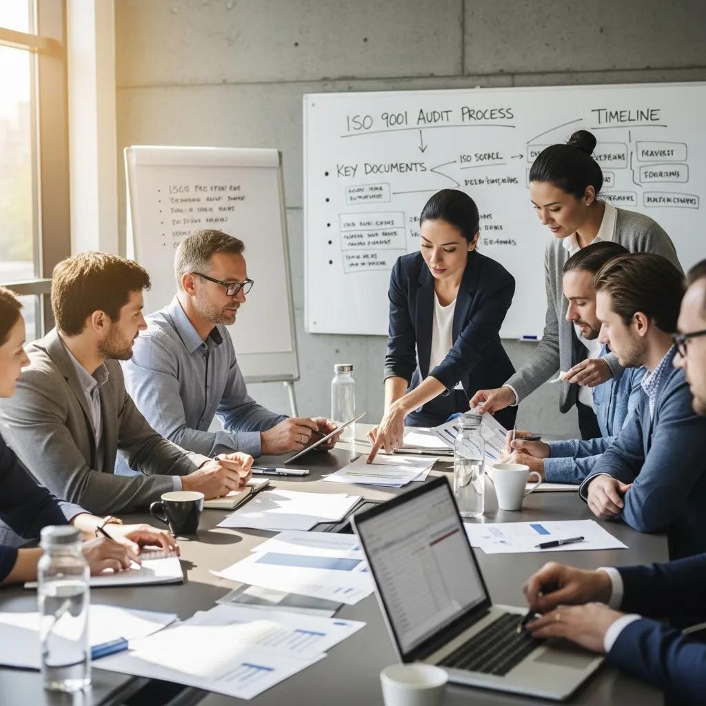 Team collaborating on ISO 9001 audit preparation in a professional setting