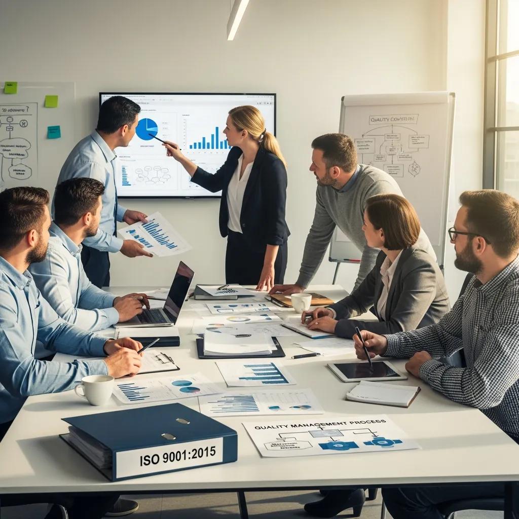 Team-Kollaboration in einem modernen Büro, Fokus auf Qualitätsmanagement und ISO 9001-Zertifizierung.