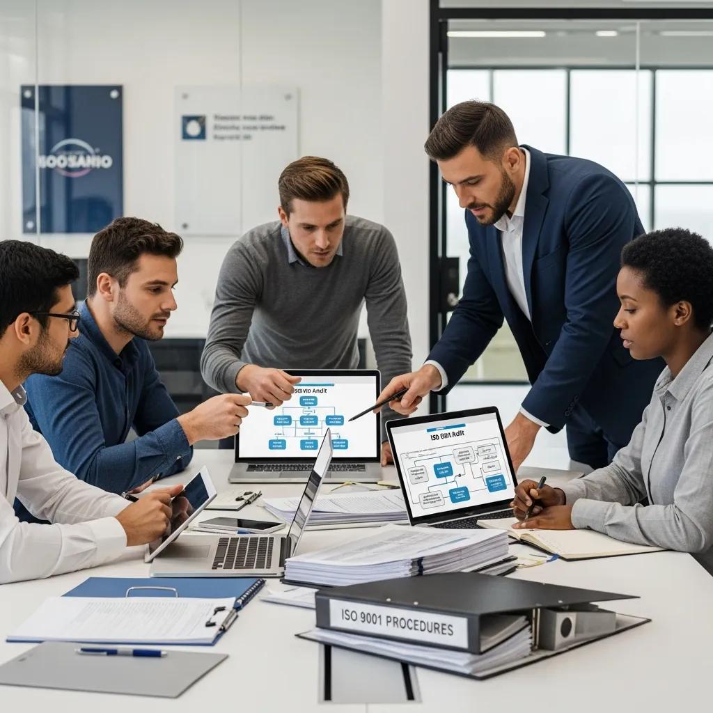 Team discussing ISO 9001 audit processes in a modern office