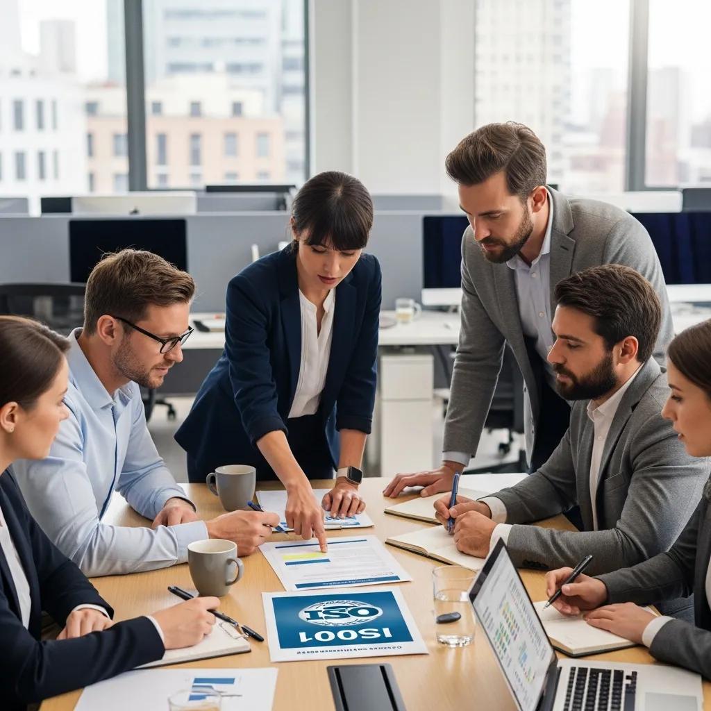 Team discussing ISO 9001 certification documents in a modern office