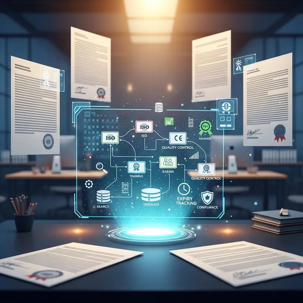 Zertifikatsdatenbank visualisiert: ISO-Zertifikate, Qualitätsmanagement und Nachweisdokumente für revisionssichere Ablage.