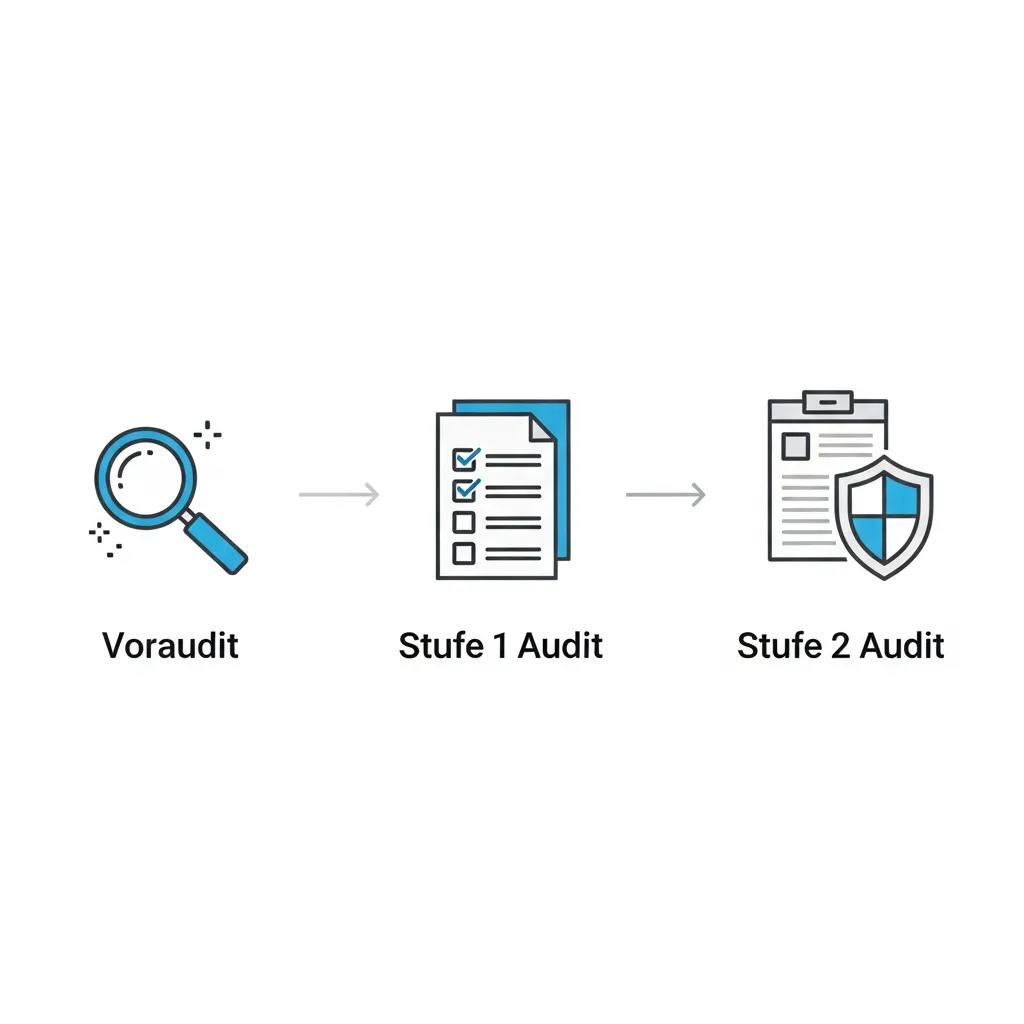 ISO 9001 Auditprozess: Voraudit, Stufe 1 Audit und Stufe 2 Audit in Schritten.