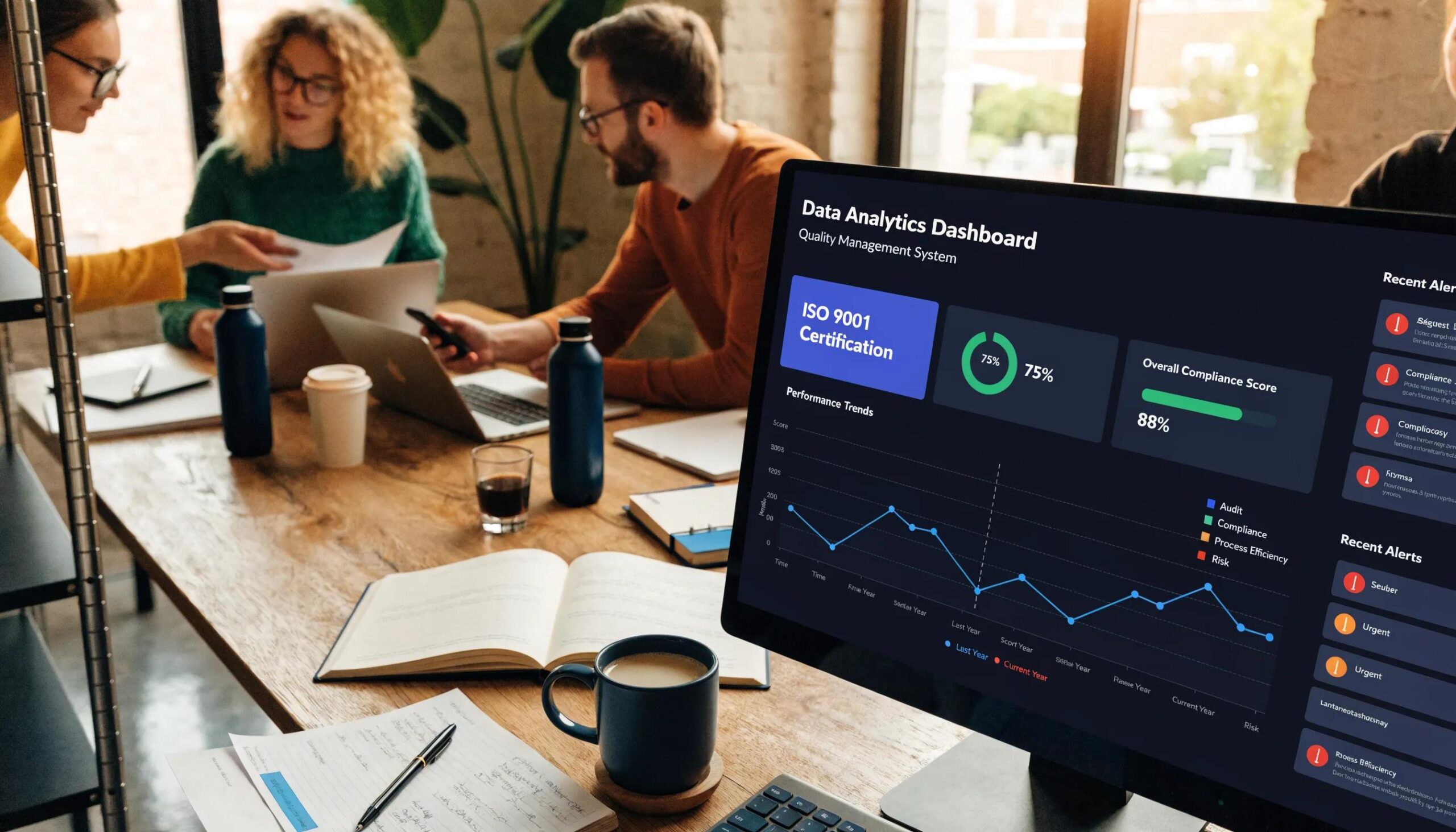 ISO 9001 Zertifizierung und Qualitätsmanagement-Software Dashboard mit Datenanalysen und Compliance-Score.