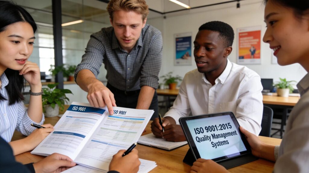 Team collaboration on quality management strategies, reflecting ISO 9001 implementation