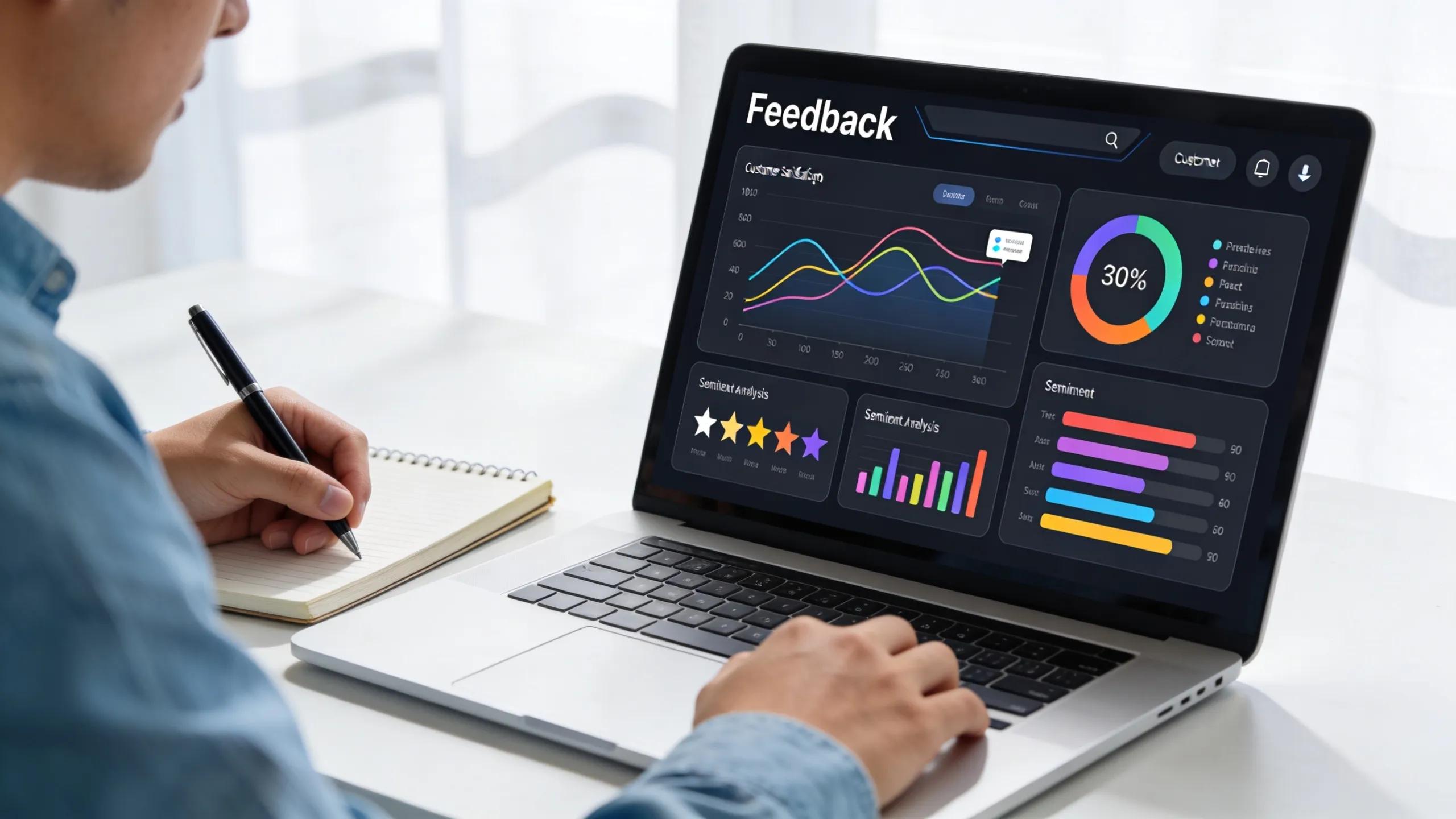 Laptop-Bildschirm mit Kundenfeedback-Analyse und Diagrammen zur Qualitätsmessung