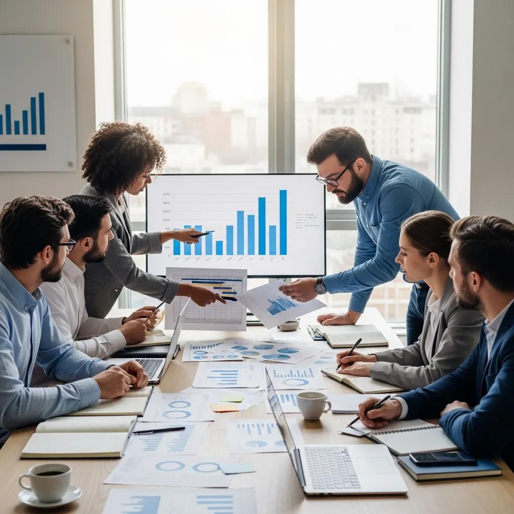 Geschäftsprofis diskutieren Qualitätsmanagementdokumente und Diagramme in einem modernen Büro im Rahmen der ISO 9001-Zertifizierung.