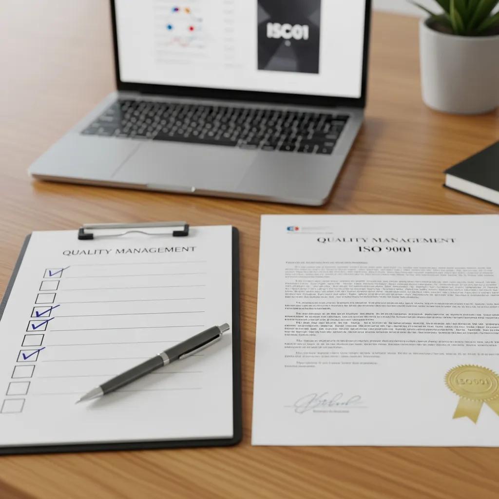 Checkliste und Zertifizierungsdokumente für ISO 9001 in professioneller Umgebung, Qualitätsmanagementsystem.