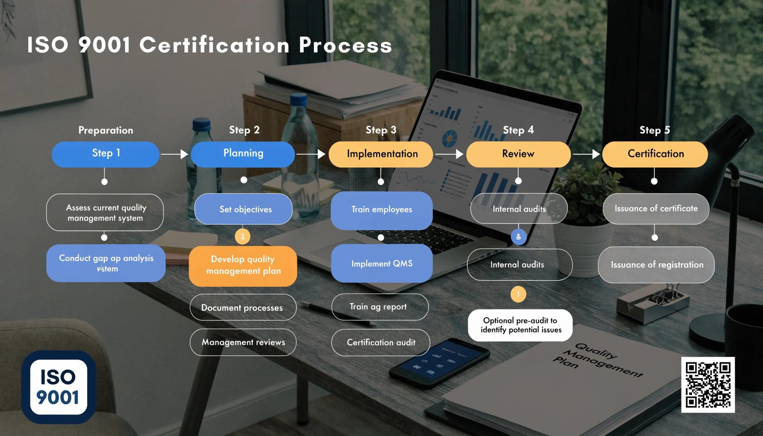 ISO 9001 Zertifizierungsprozess mit Laptop und Diagramm zur Qualitätsmanagement-Implementierung.