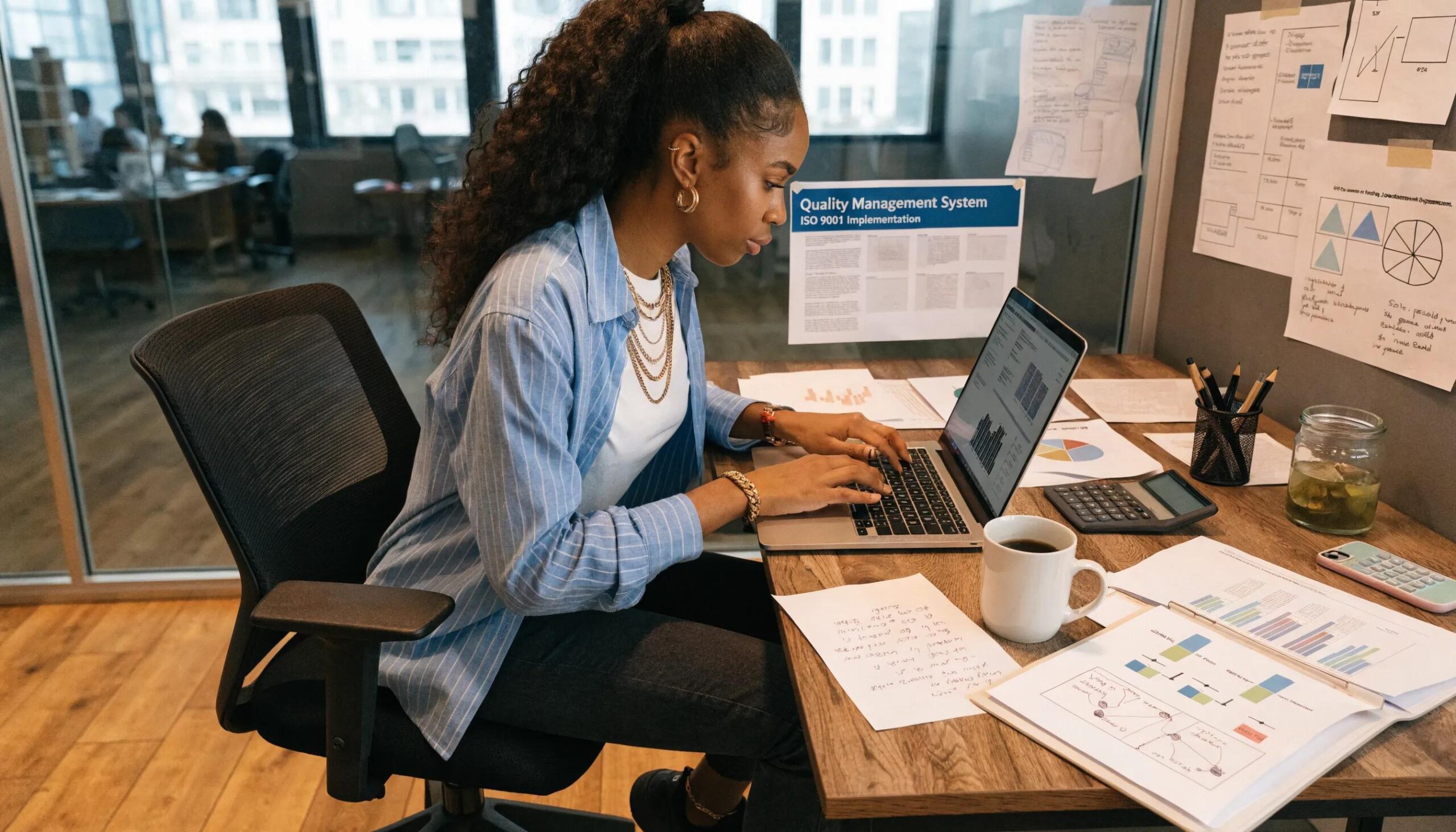 Frau arbeitet an Laptop mit Qualitätsmanagementsystem ISO 9001 Dokumentation.