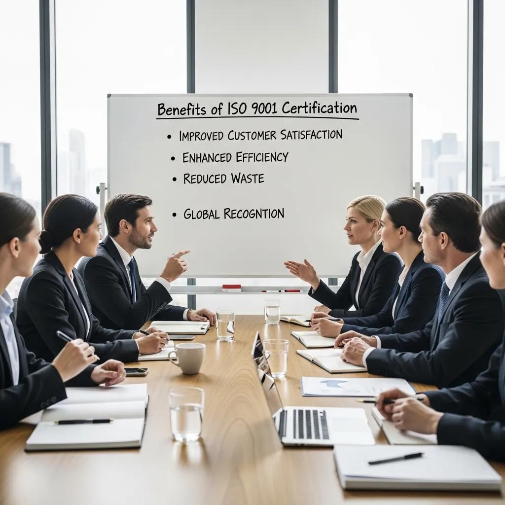 Geschäftsleute diskutieren die Vorteile der ISO 9001 Zertifizierung in einer Besprechung, Whiteboard mit Qualitätszielen.