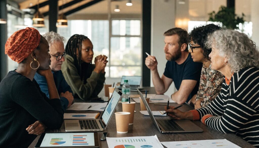 Business professionals collaborating on ISO 9001 customer satisfaction strategies