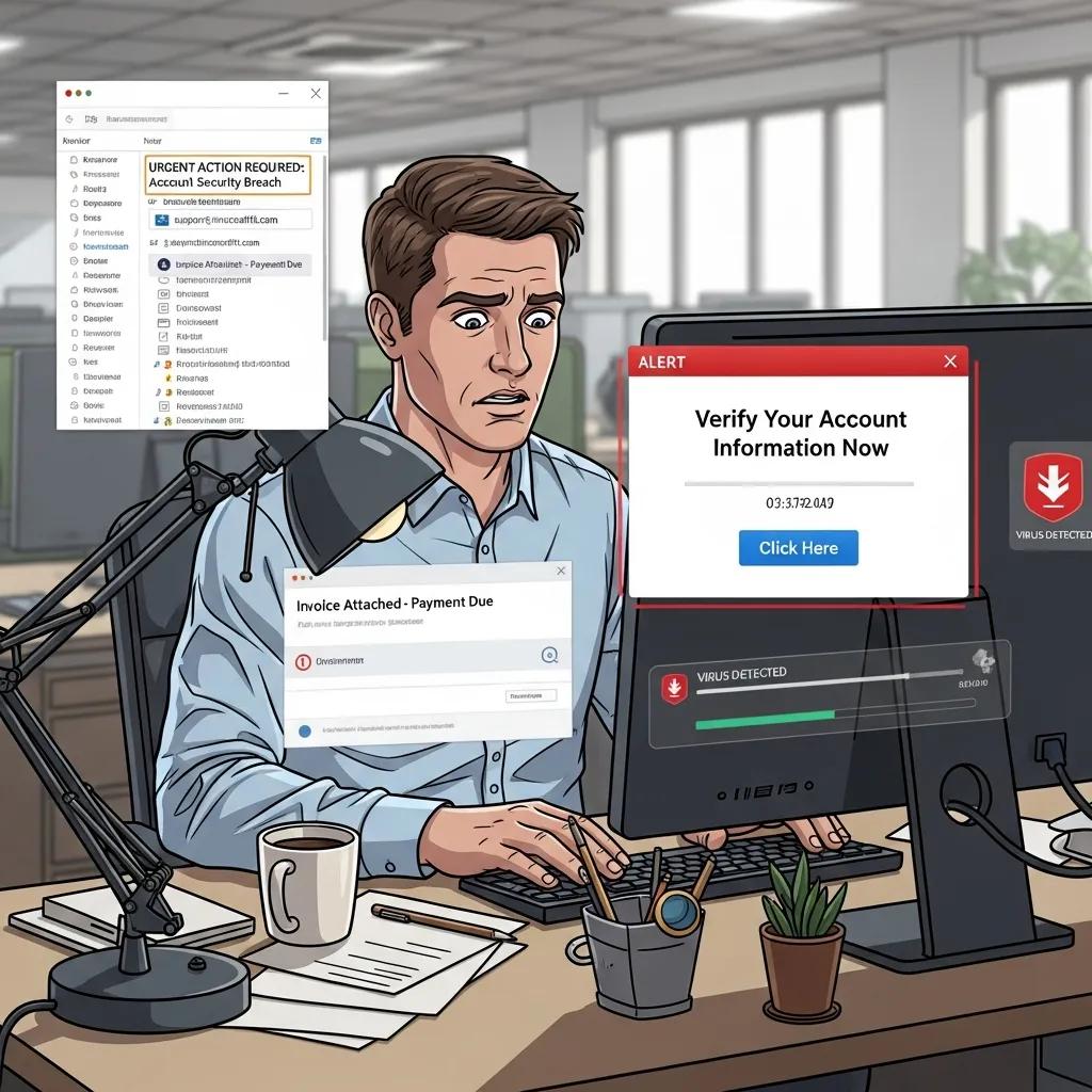 An employee at a computer looking confused by phishing attempts, illustrating the impact of human error on cybersecurity risks