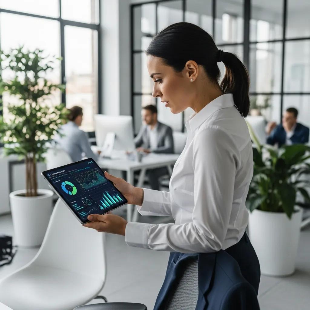 Auditor analyzing compliance data using a tablet in a modern office