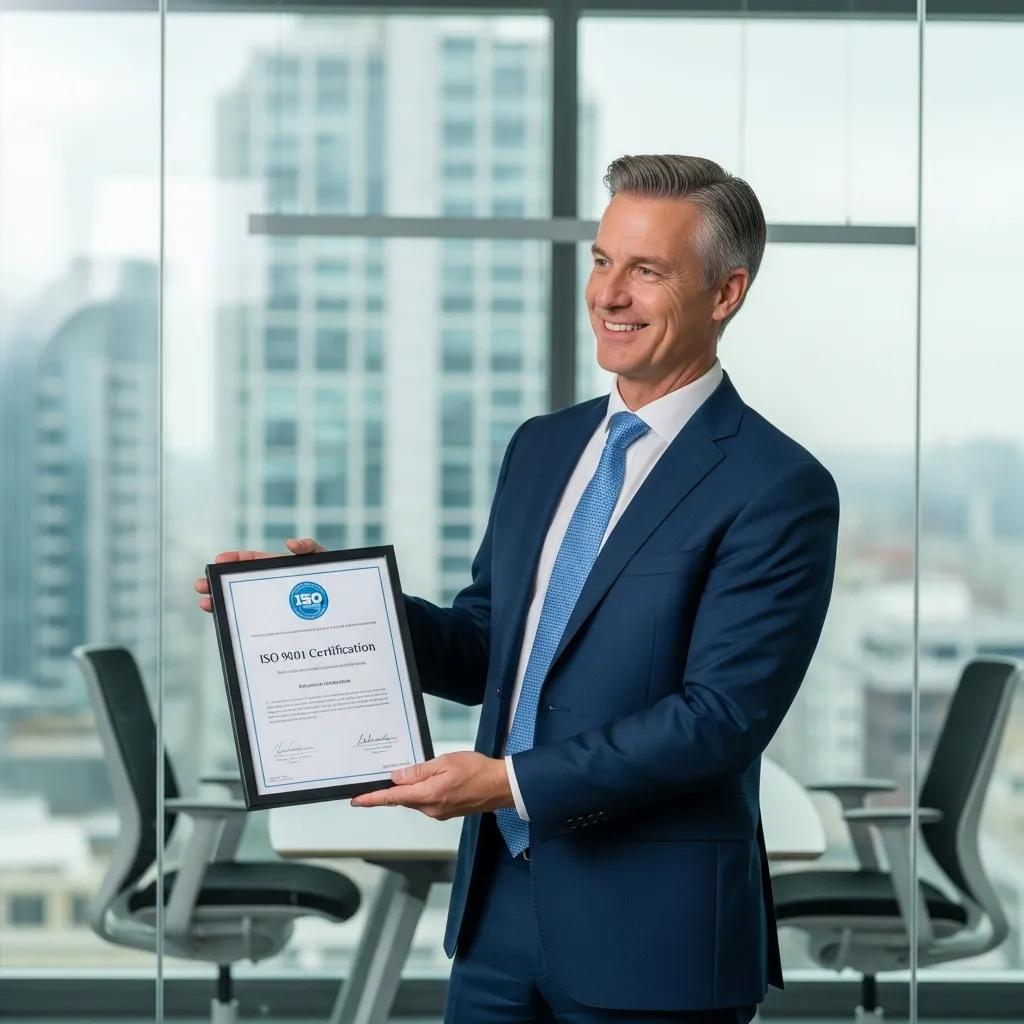 Business leader presenting ISO 9001 certification in a formal office setting