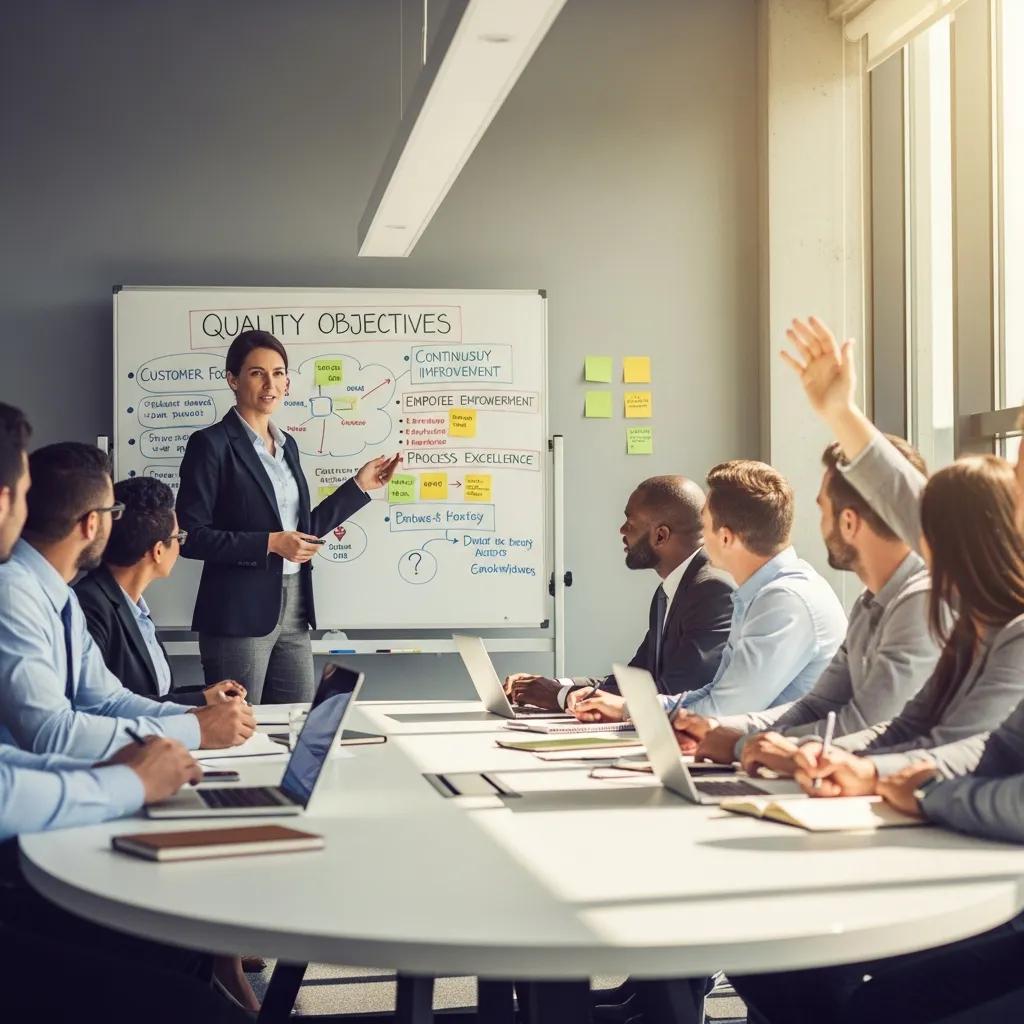 Business leader presenting quality culture responsibilities to engaged employees in a conference room