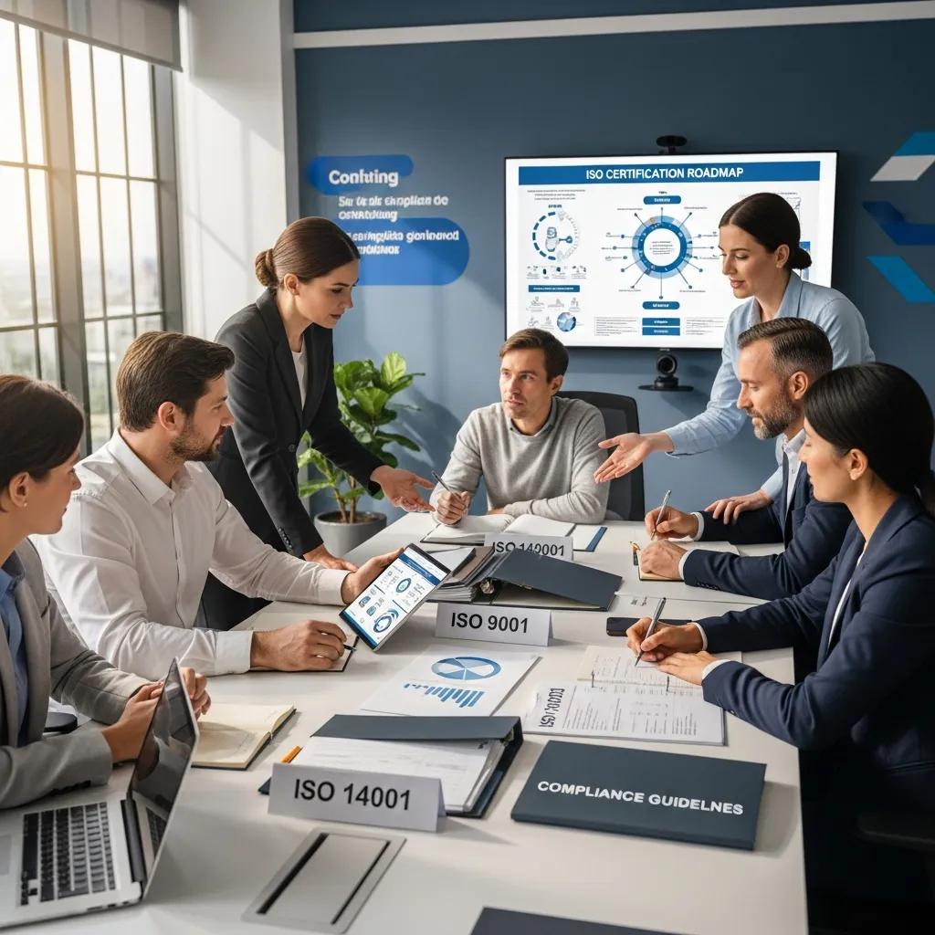 Business leaders discussing ISO standards in a modern office setting